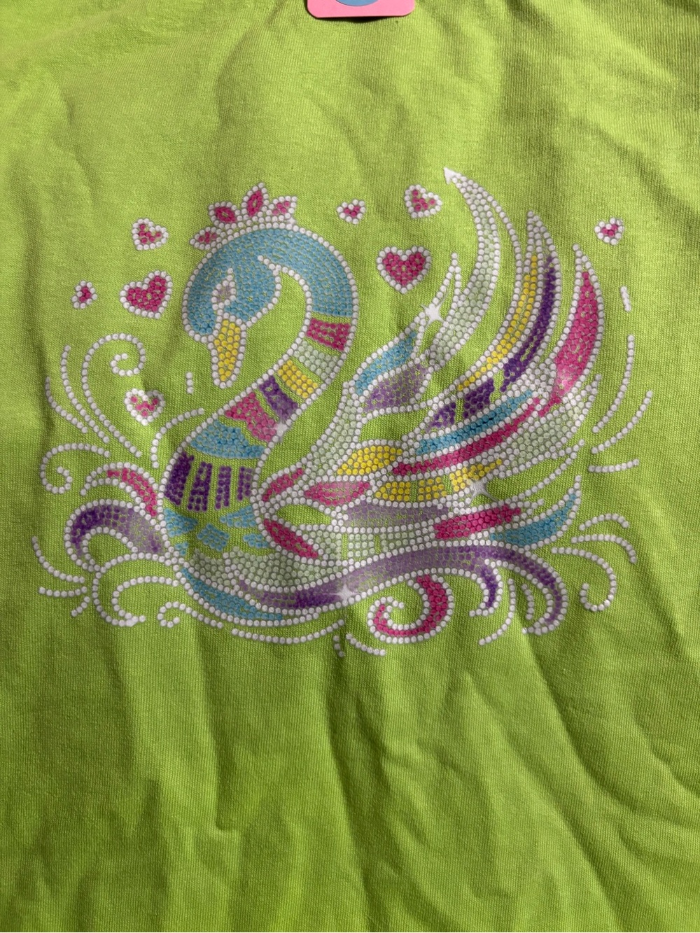 NEW Rhinestone Swan Graphic Tee — Lime Green with Pastel Accents size Medium
